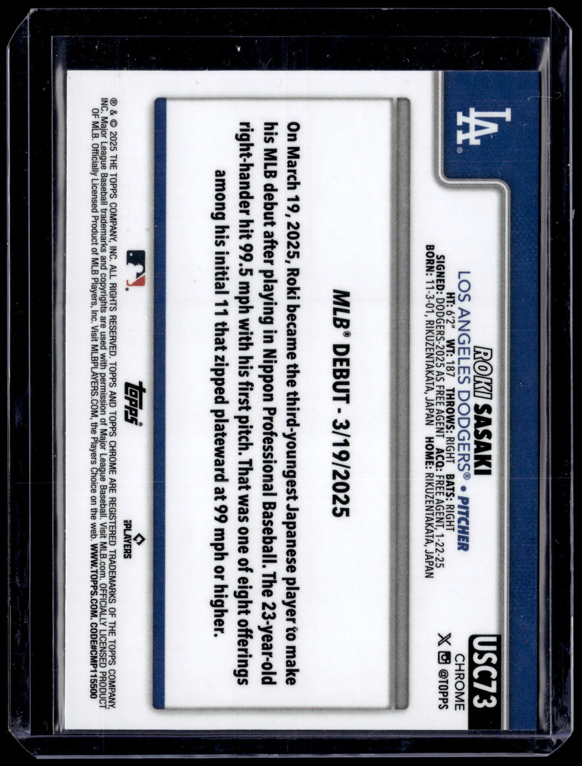 HL-P01 2025 Topps Chrome Roki Sasaki #USC73 Blue Wave /150 RC