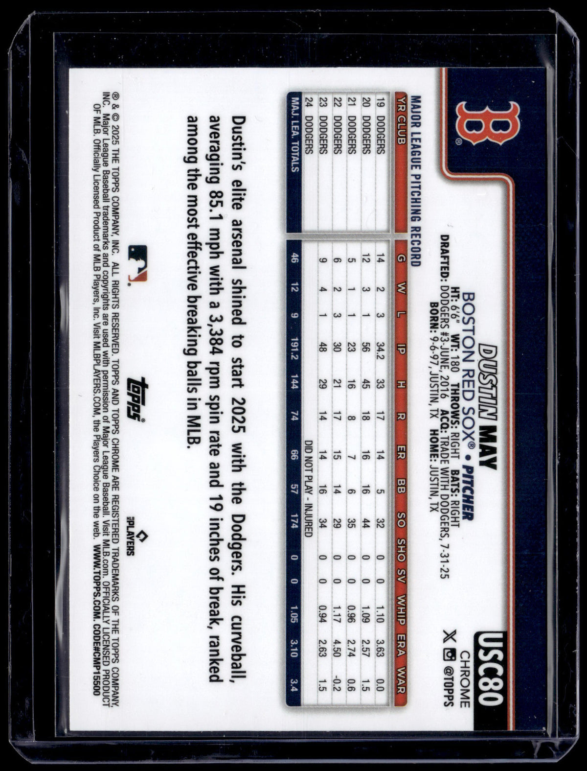 HL-P01 2025 Topps Chrome Update Dustin May #USC80 Aqua Refractor /199