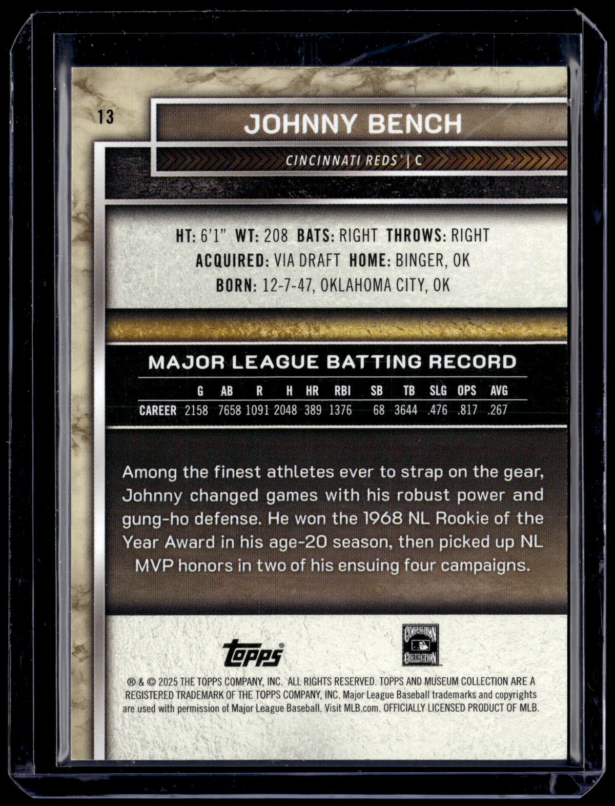 HL-P01 2025 Topps Museum Collection Johnny Bench #13 Blue /150