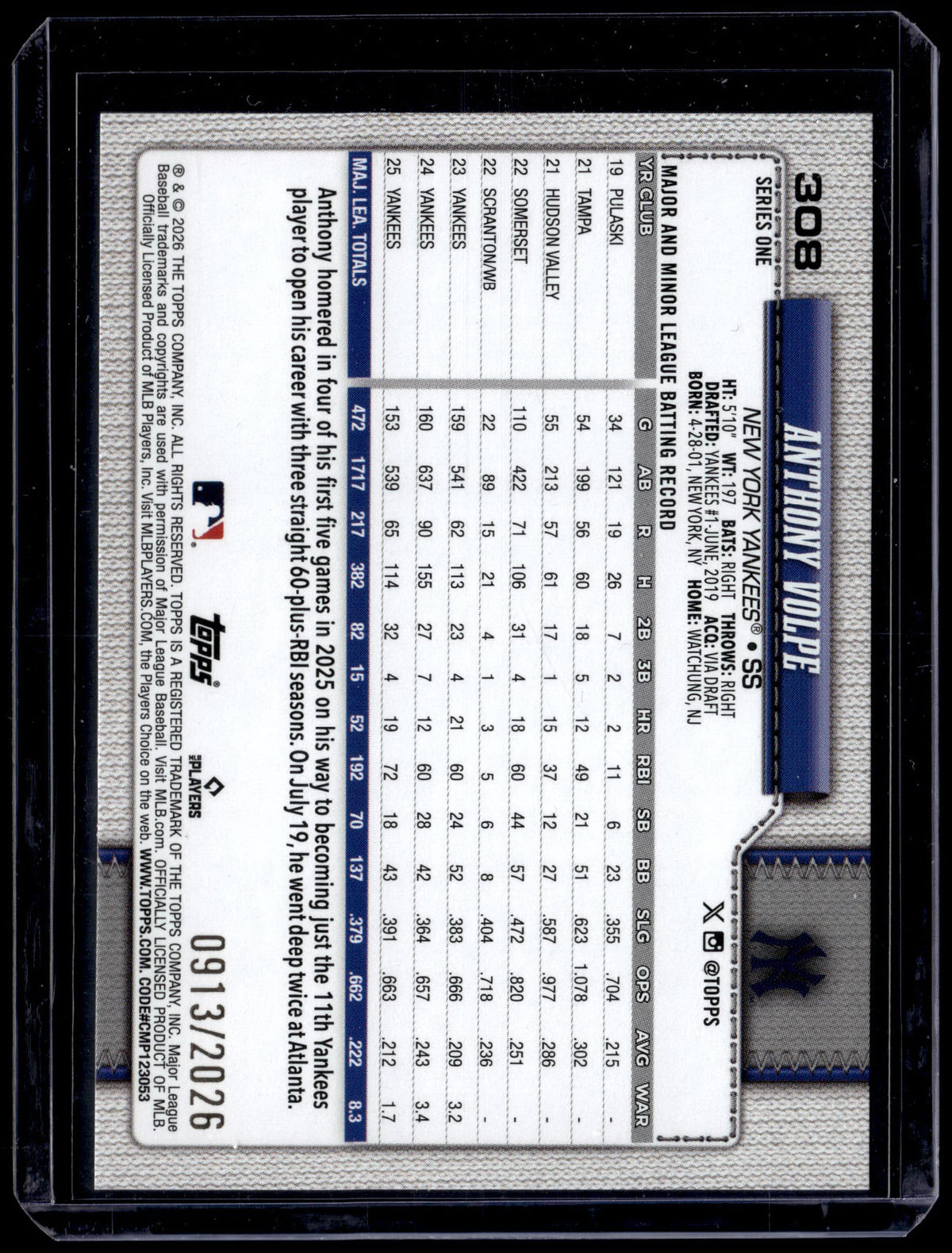 HL-P01 2026 Topps Series 1 Anthony Volpe #308 Bronze 0913/2026