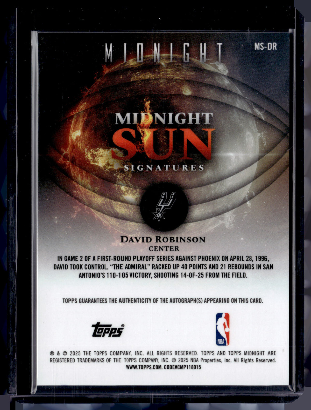 HL-P01 2025 Topps Midnight Midnight Sun Signatures David Robinson #MS-DR Auto