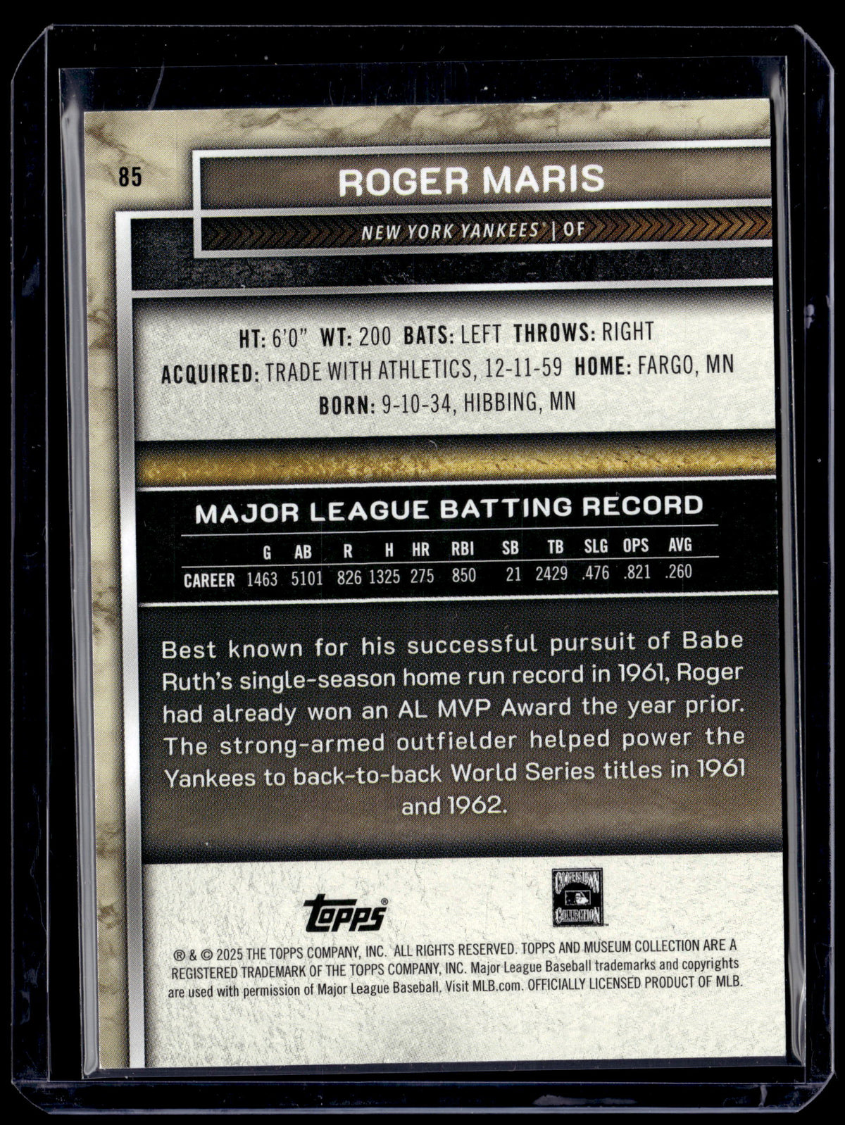 HL-P01 2025 Topps Museum Collection Roger Maris #85 Purple /99