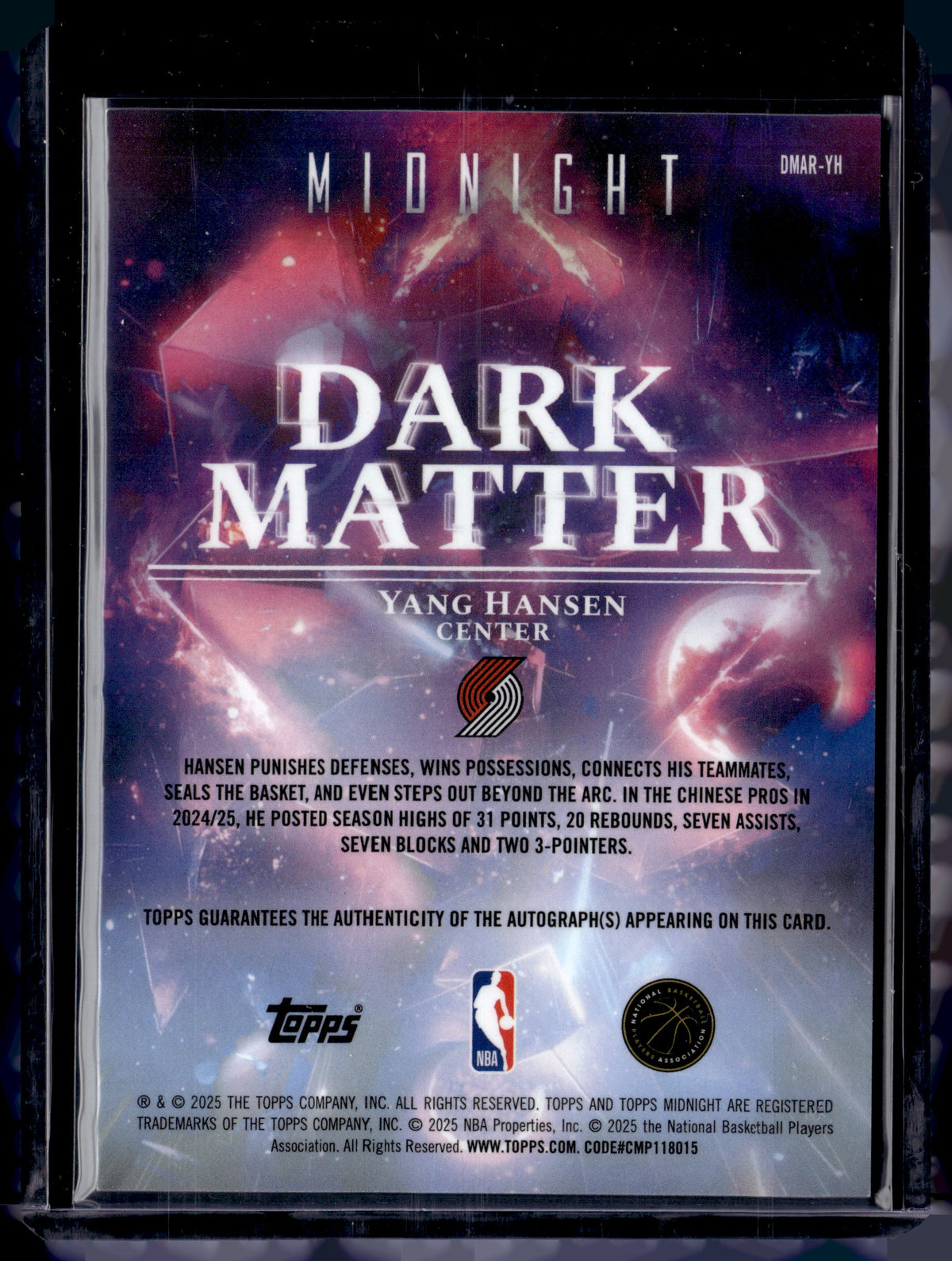 HL-P01 2025 Topps Midnight Dark Matter Yang Hansen #DMAR-YH RC