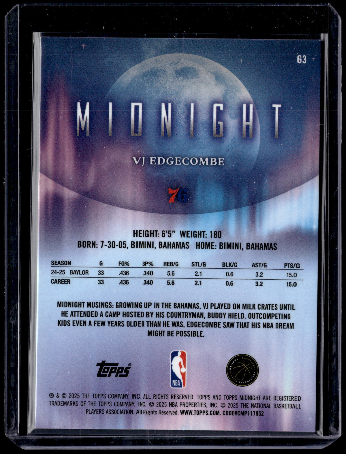 HL-P01 2025 Topps Midnight VJ Edgecombe #63 RC