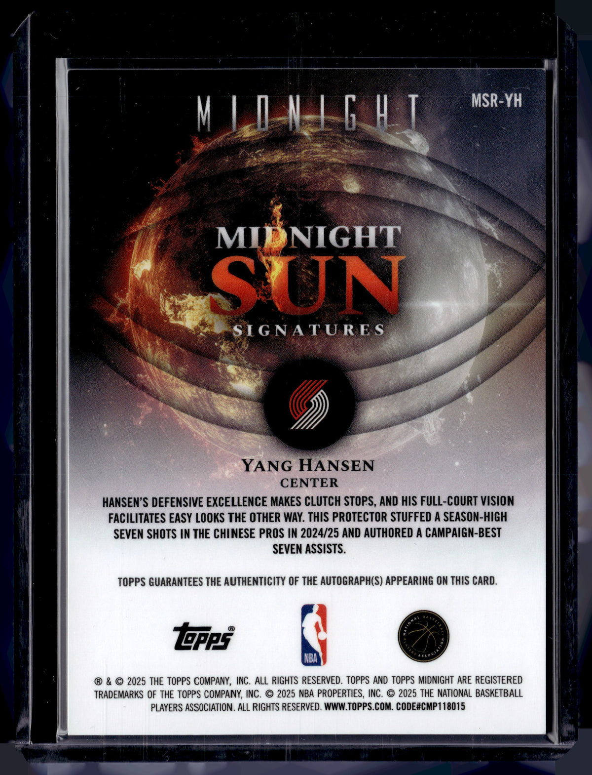 HL-P01 2025 Topps Midnight Midnight Sun Signatures Yang Hansen #MSR-YH Auto RC