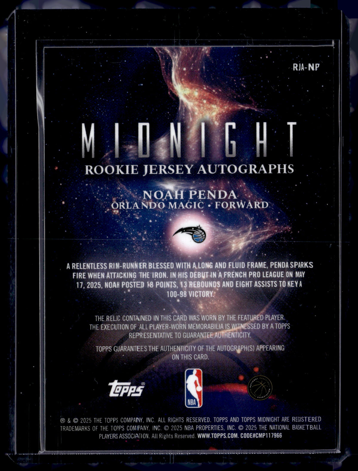 HL-P01 2025 Topps Midnight Noah Penda #RJA-NP /199 Jersey Patch RC Auto