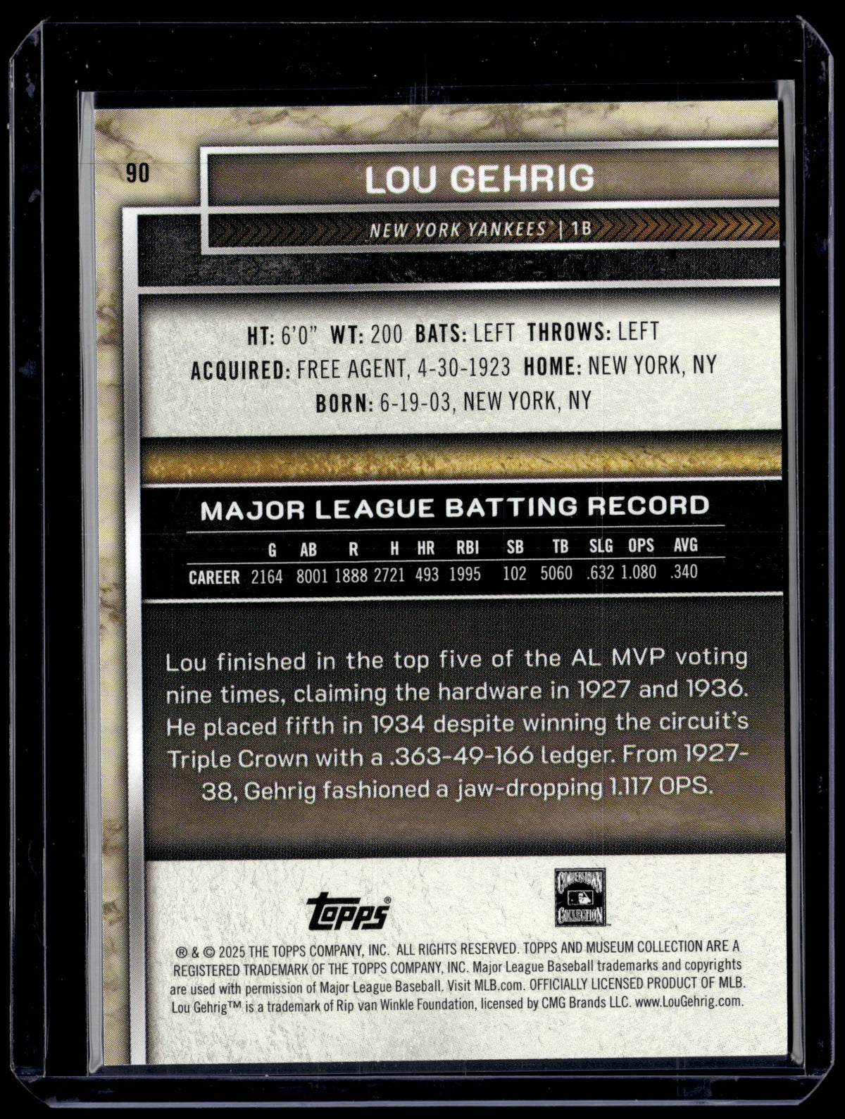 HL-P01 2025 Topps Museum Collection Lou Gehrig #90 Copper /249