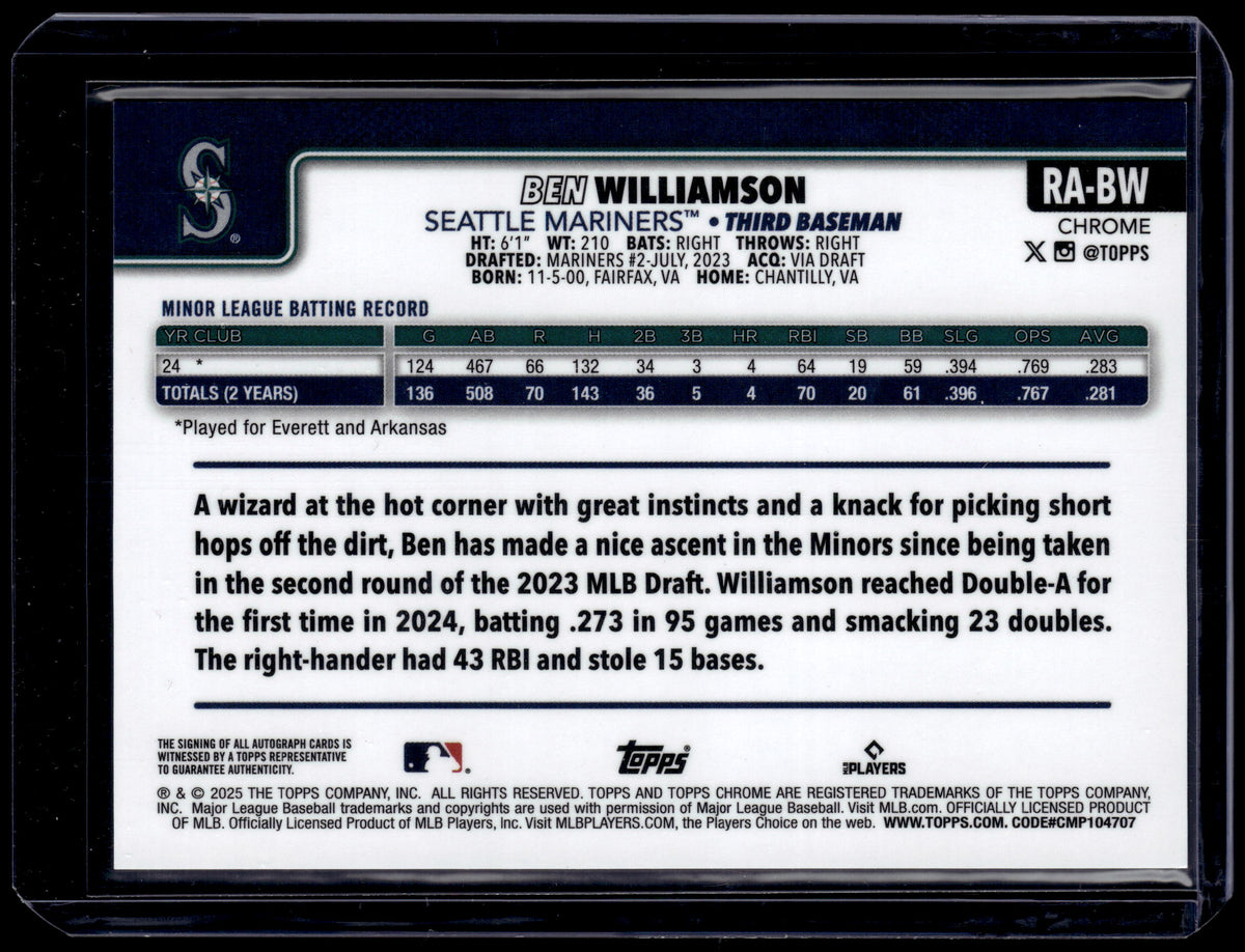 HL-P01 2025 Topps Chrome Ben Williamson #RA-BW Purple /250 Auto RC