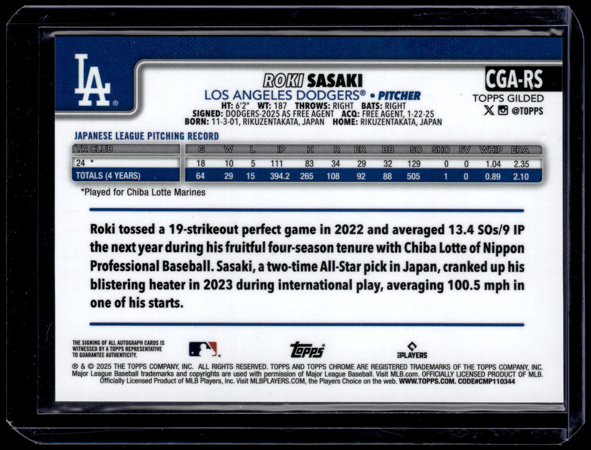 HL-P01 2025 Topps Gilded Chrome Roki Sasaki RC Auto Gold RayWave /75 CGA-RS