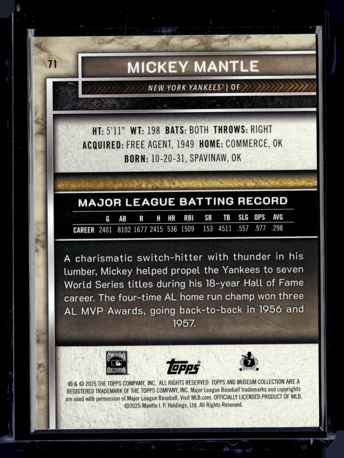 HL-P01 2025 Topps Museum Collection Mickey Mantle #71 Purple /99