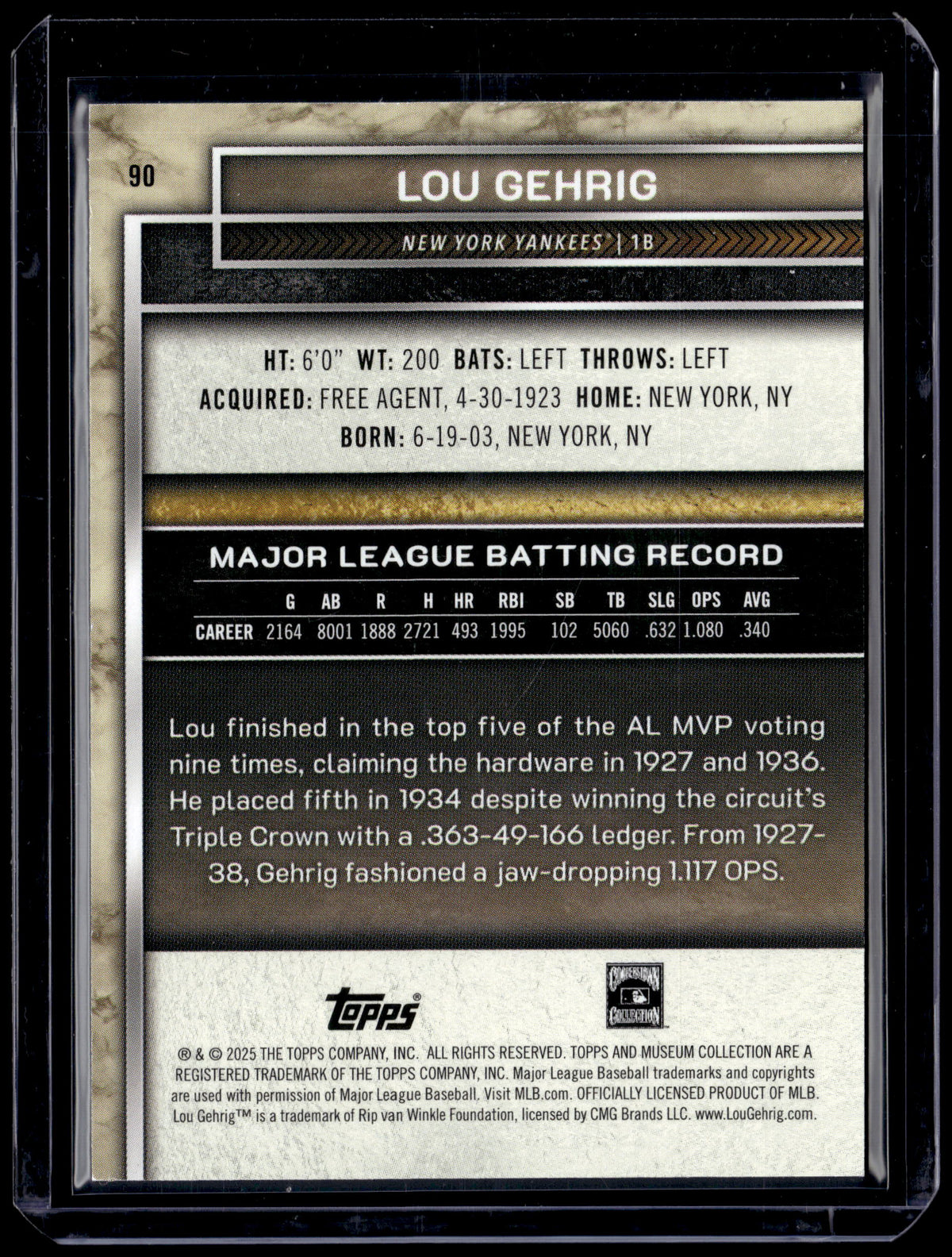 HL-P01 2025 Topps Museum Collection Lou Gehrig #90 Purple /99