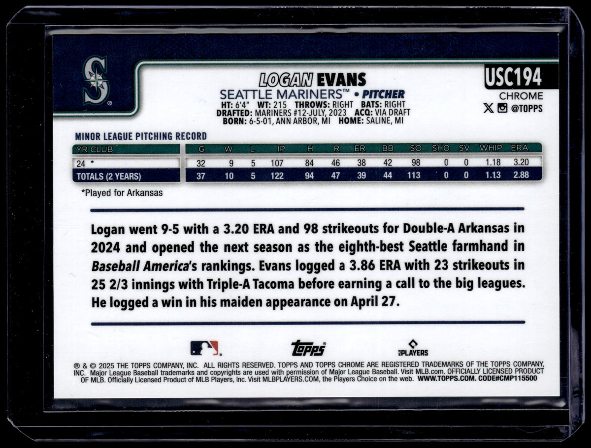 HL-P01 2025 Topps Chrome Update Logan Evans #USC194 Gold Wave Refractor /50 RC