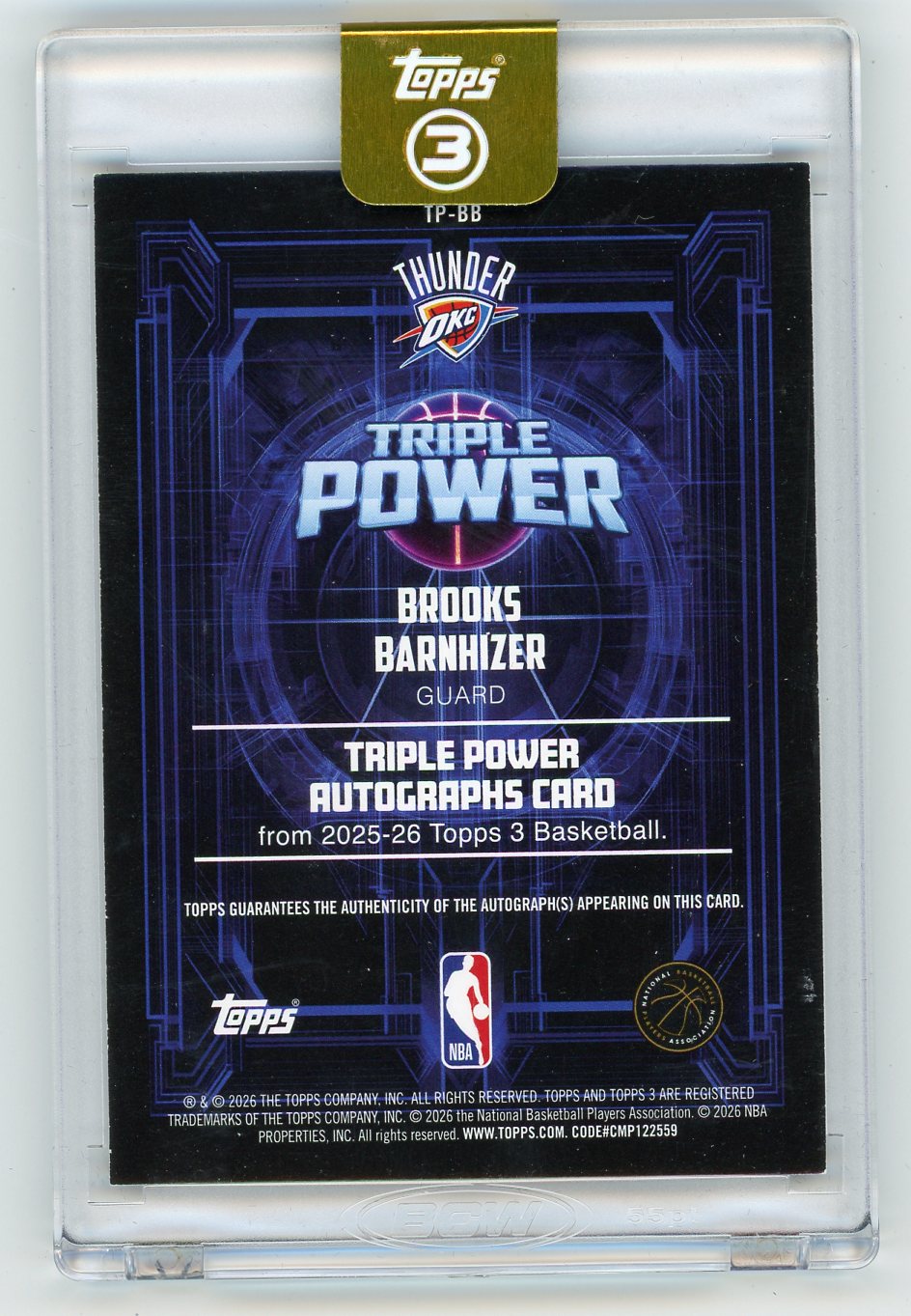 HL-P01 2026 Topps 3 Triple Power Brooks Barnhizer RC Auto TP-BB /25