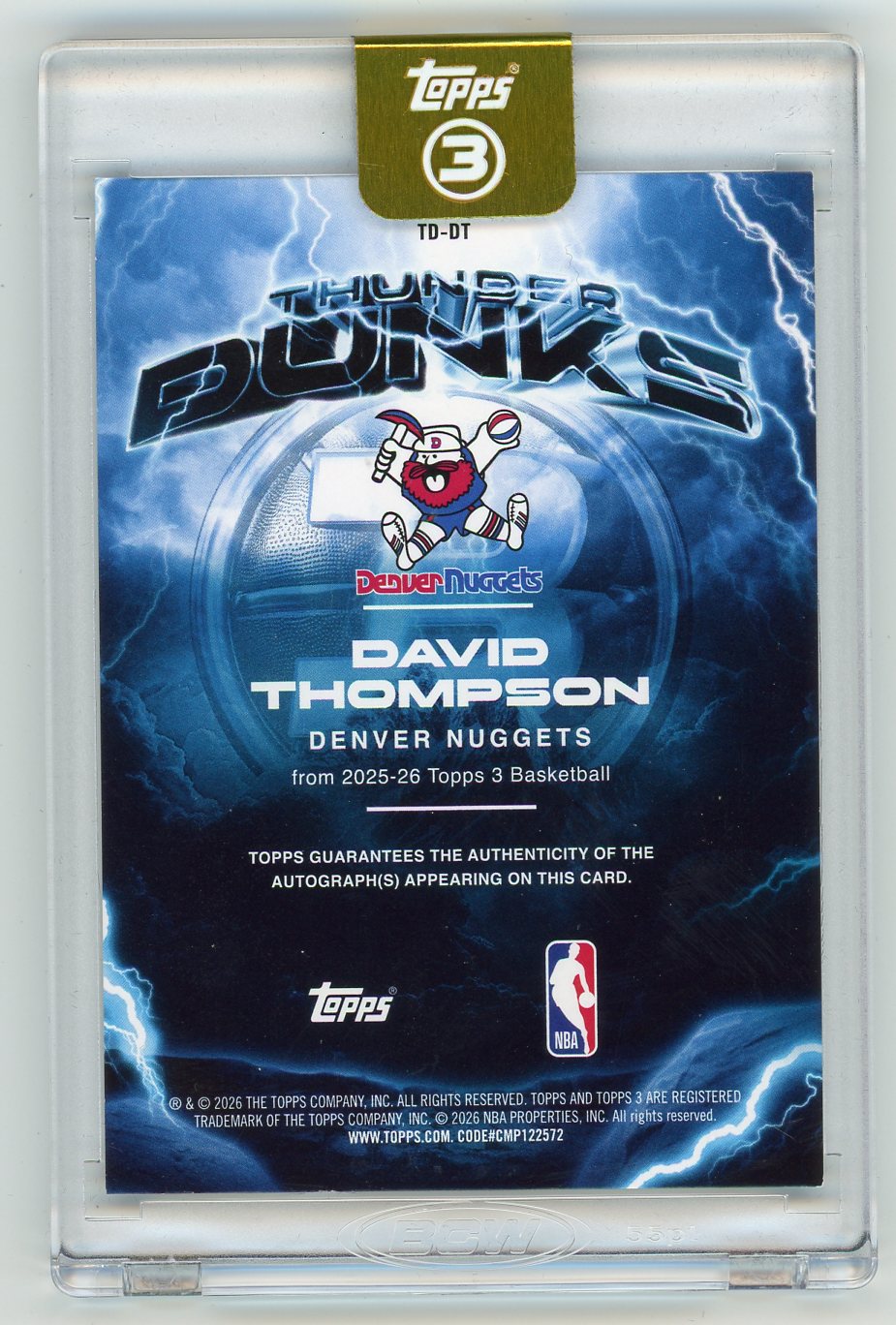 HL-P01 2026 Topps 3 Basketball Thunder Dunks David Thompson #TD-DT /5 Auto