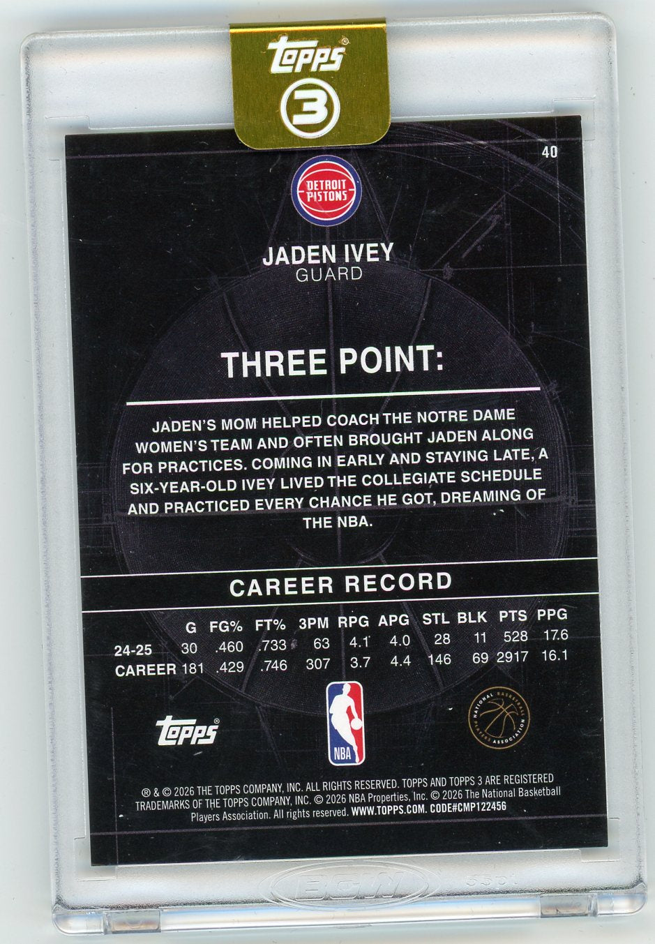 HL-P01 2026 Topps Three Basketball Jaden Ivey #40 /5