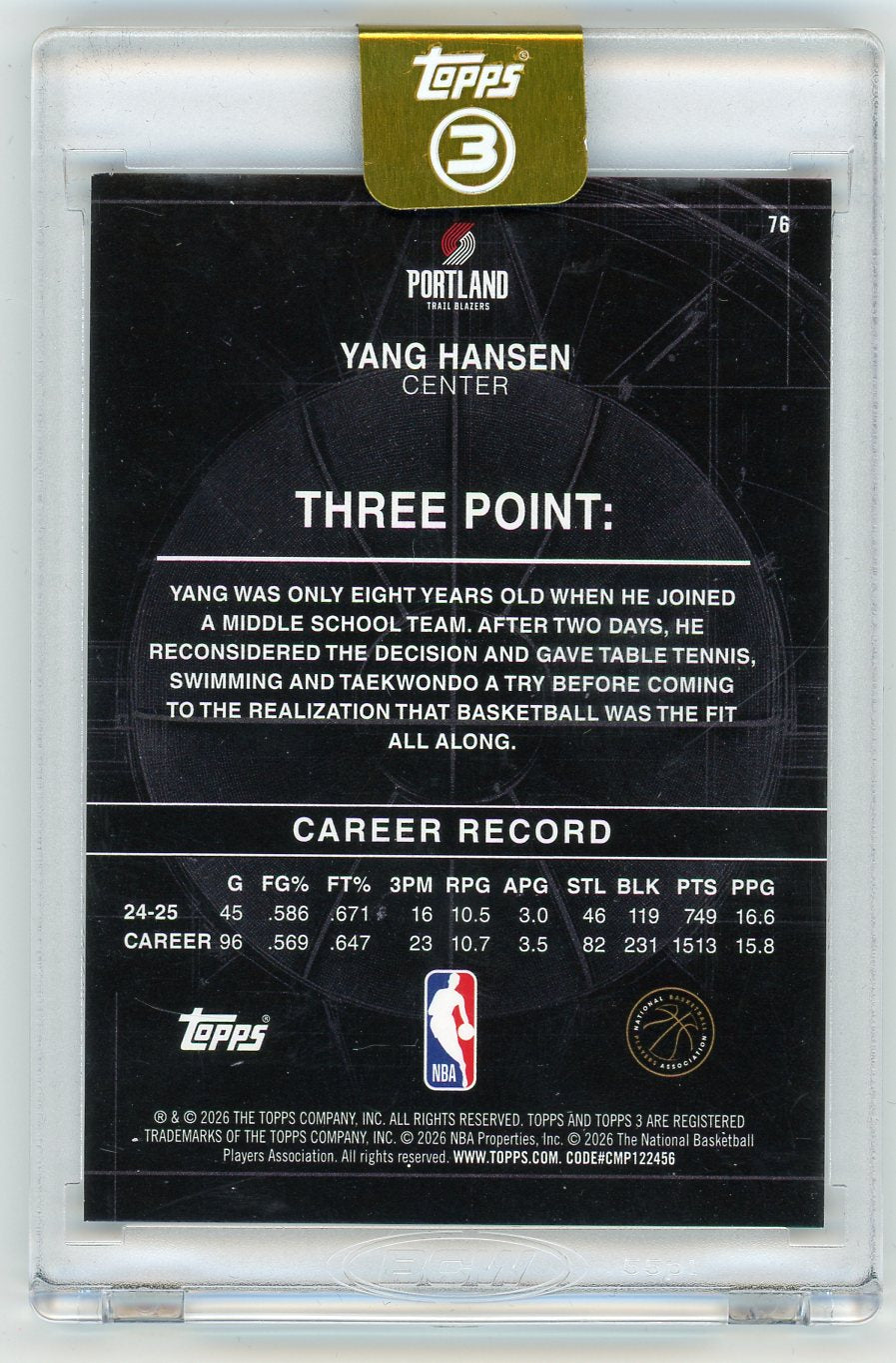 HL-P01 2026 Topps 3 Basketball Yang Hansen #76 /15 RC