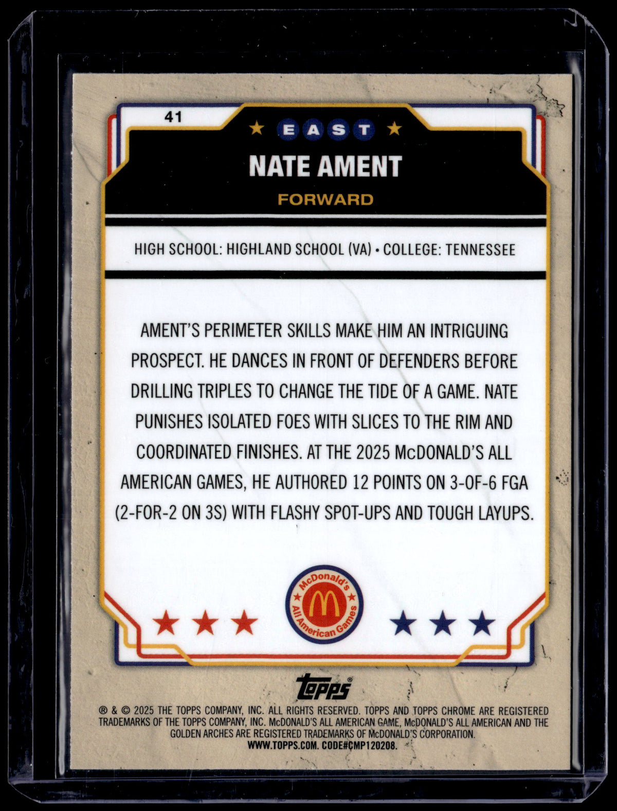 HL-P01 2025 Topps Chrome McDonald's All American Nate Ament Blue Diamonds Refr