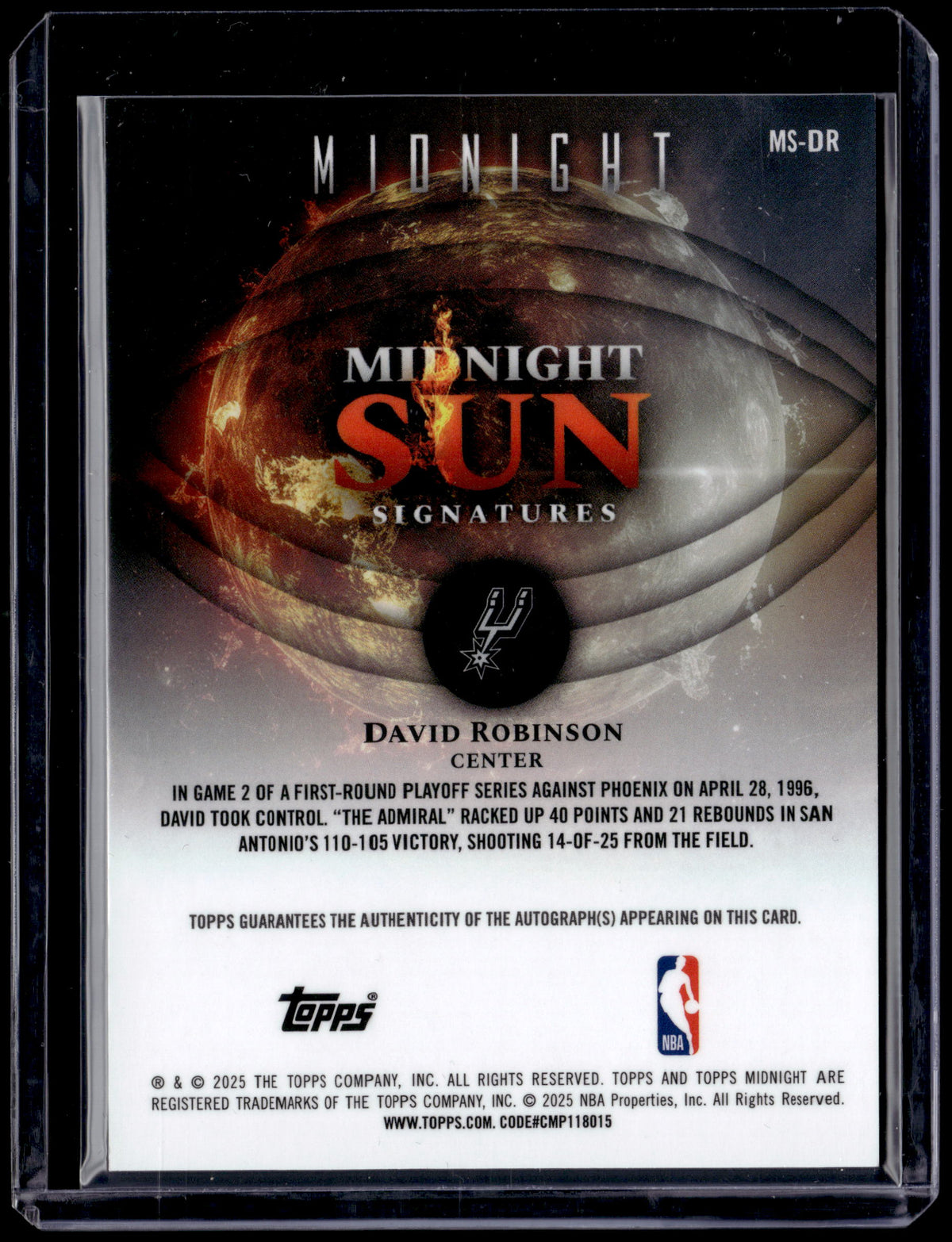 HL-P01 2025 Topps Midnight Midnight Sun Signatures David Robinson #MS-DR /35