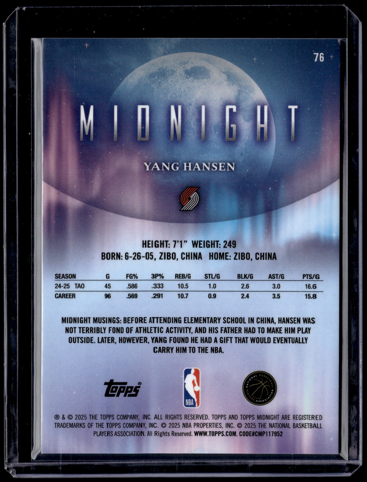 HL-P01 2025 Topps Midnight Yang Hansen #76 Blue RC /12