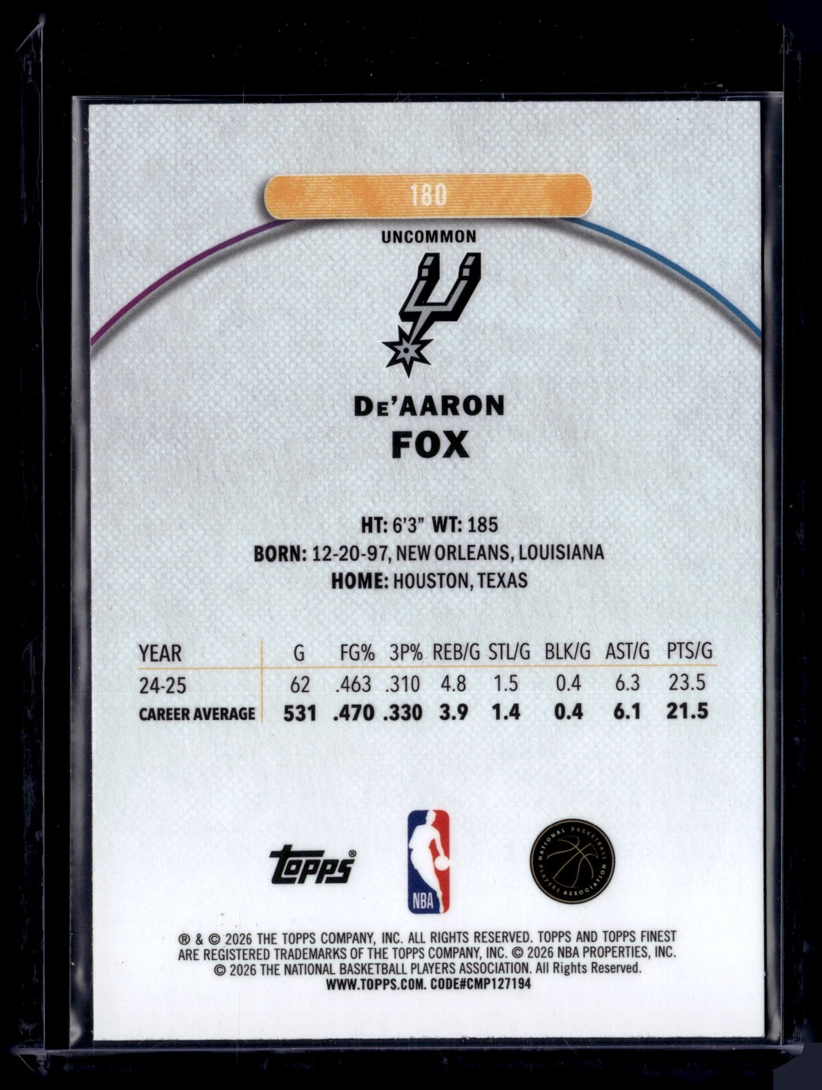 HL-P01 2026 Topps Finest De'Aaron Fox #180 Uncommon /250