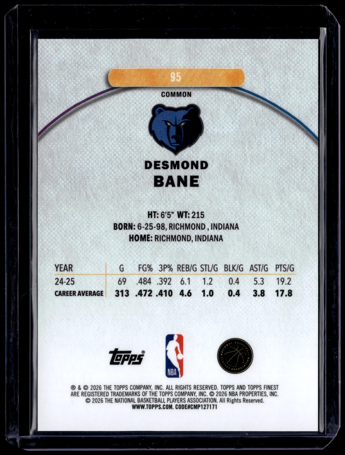 HL-P01 2026 Topps Finest Desmond Bane #95 Red/Black Geometric /25