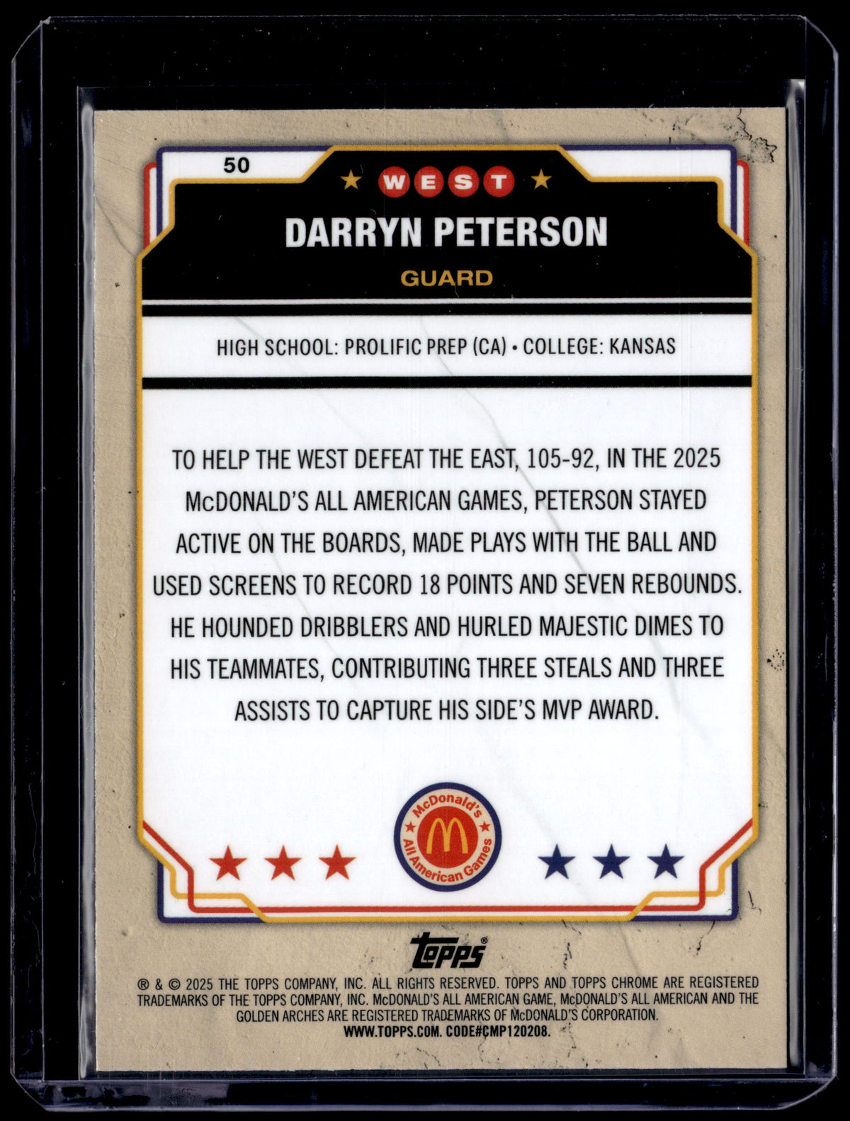 HL-P01 2025 Topps Chrome McDonald's All American Darryn Peterson #50 Purple /150