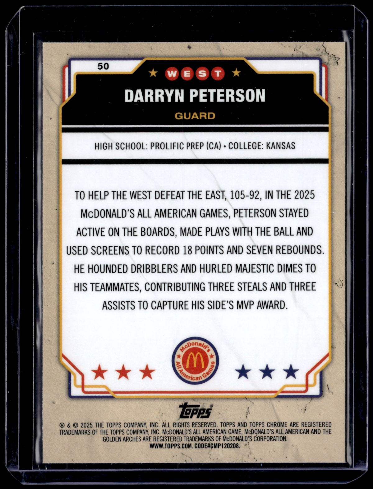 HL-P01 2025 Topps Chrome McDonald's AA Mini Diamond Darryn Peterson #50