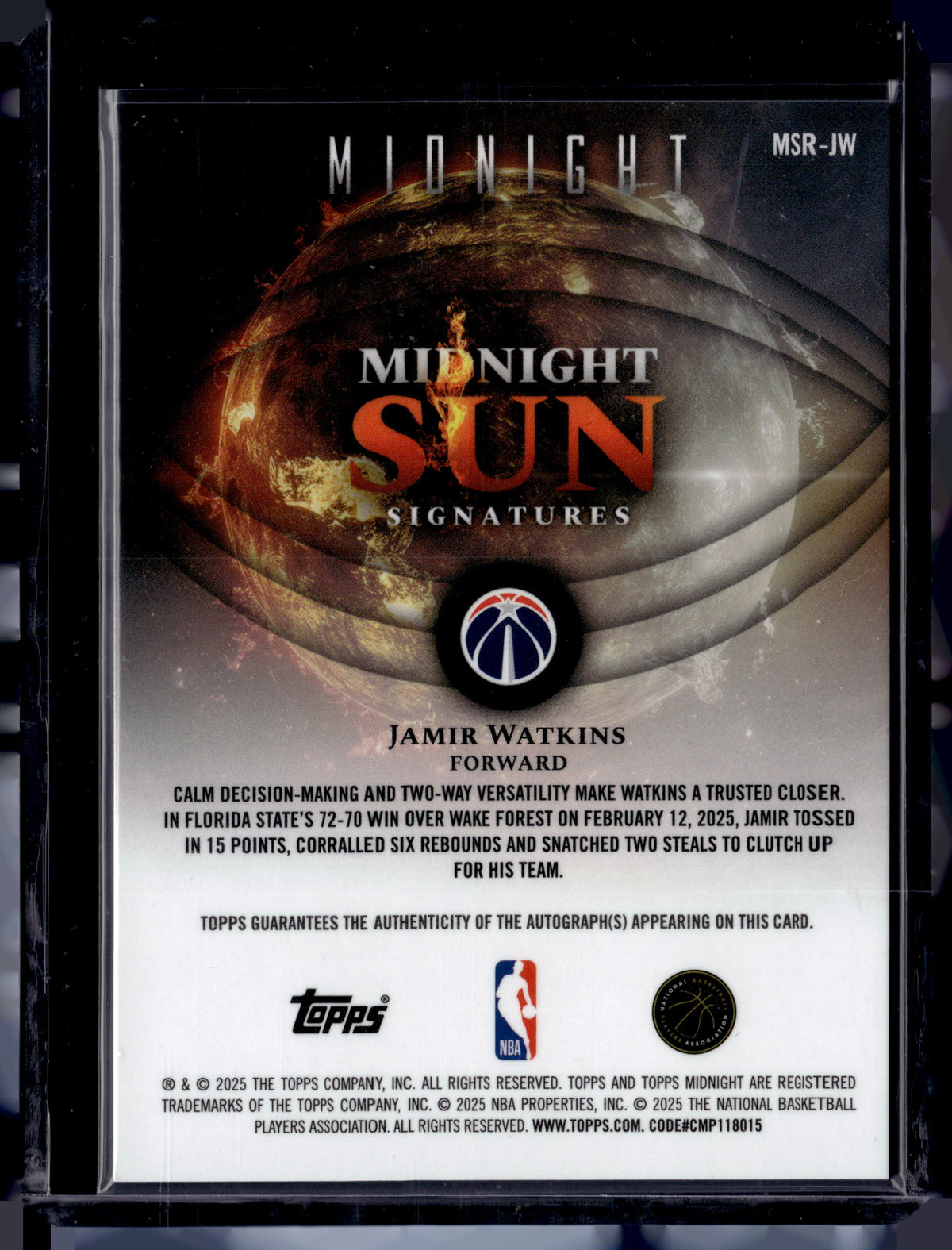 HL-P01 2025 Topps Midnight Midnight Sun Signatures Jamir Watkins #MSR-JW RC