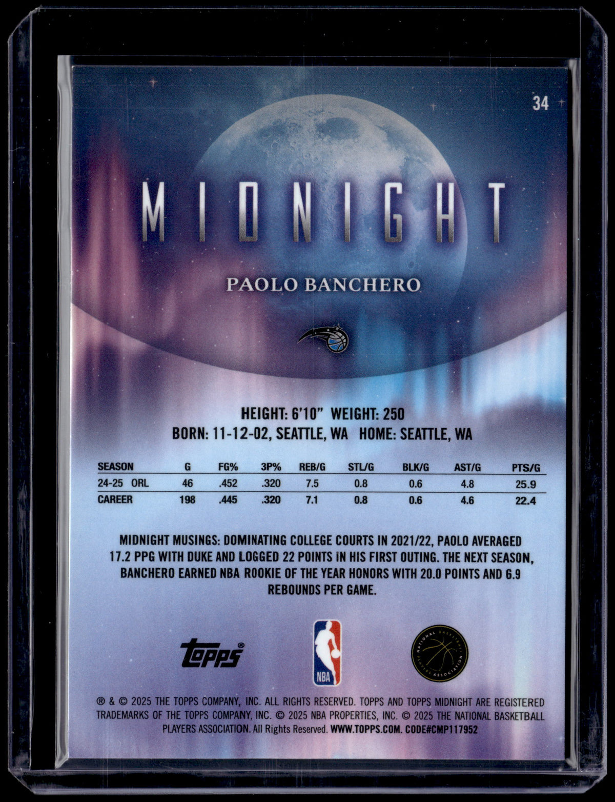 HL-P01 2025 Topps Midnight Paolo Banchero #34