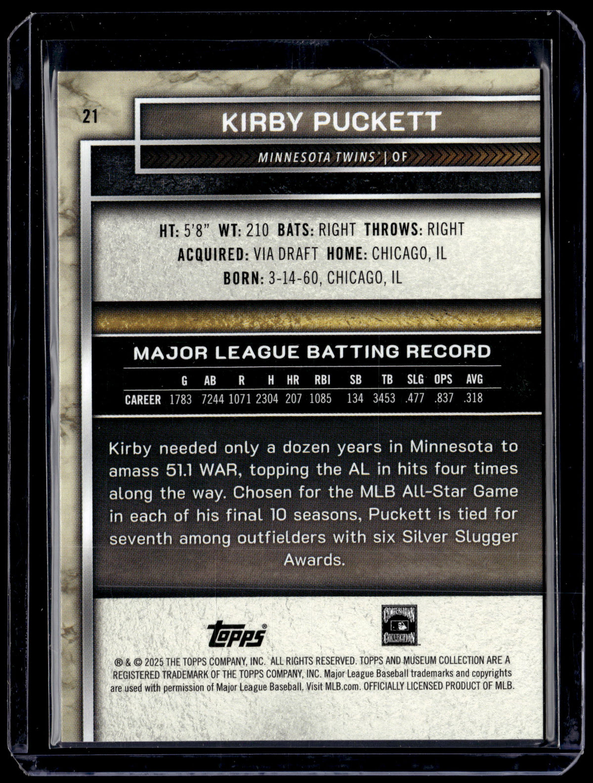 HL-P01 2025 Topps Museum Collection Kirby Puckett #21 Pink /199