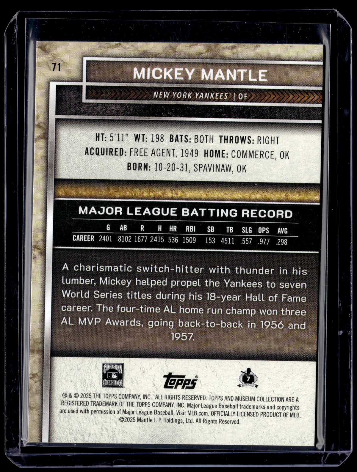 HL-P01 2025 Topps Museum Collection Mickey Mantle #71 Gold /249