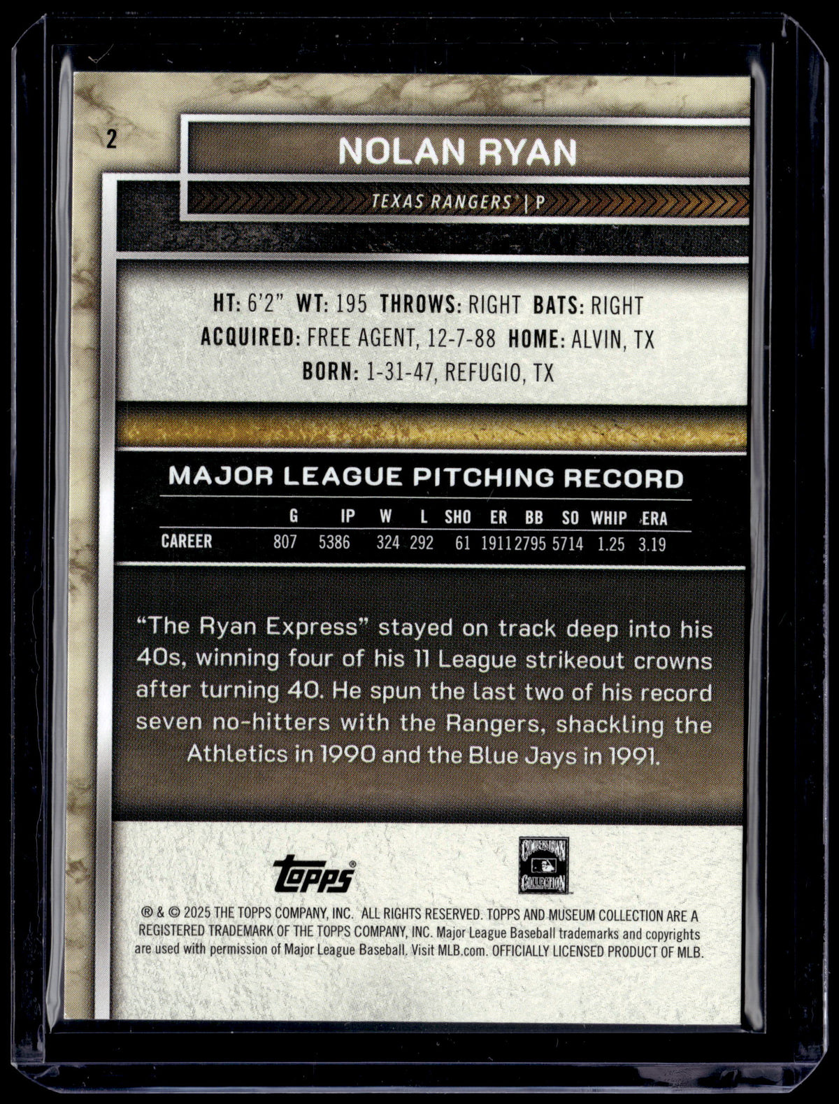 HL-P01 2025 Topps Museum Collection Nolan Ryan #2 /249