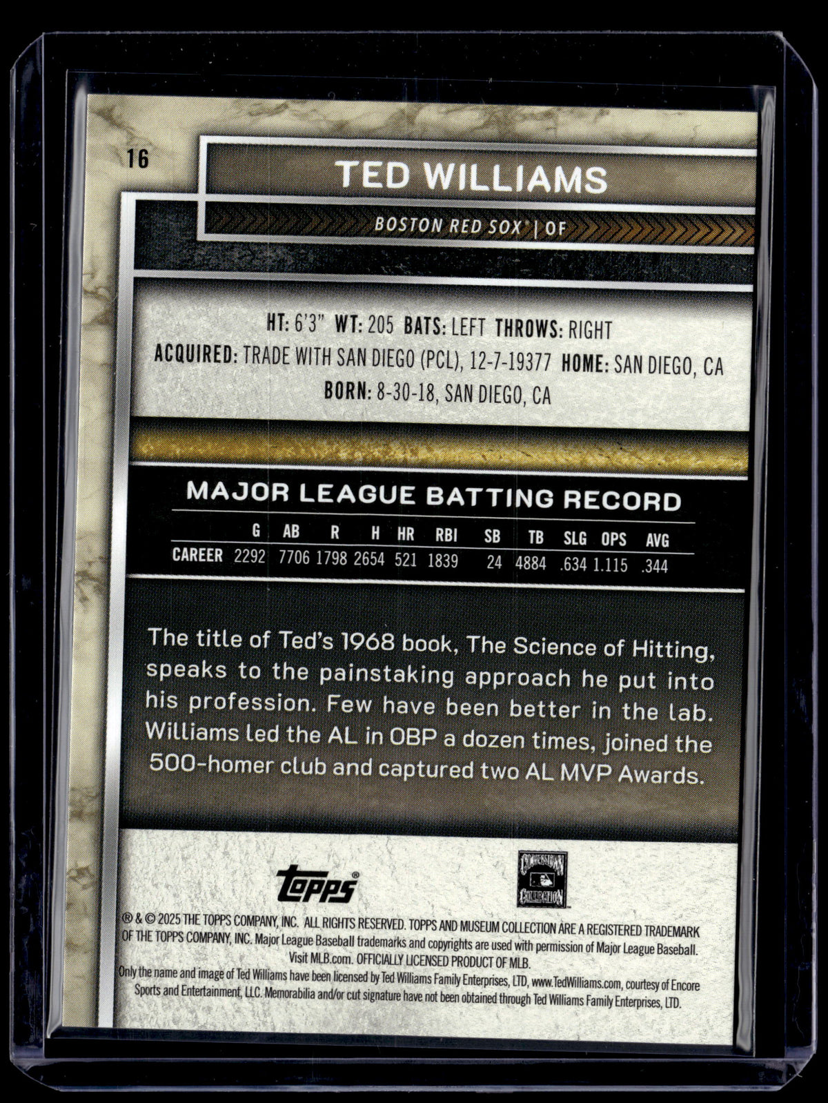 HL-P01 2025 Topps Museum Collection Ted Williams #16 /35