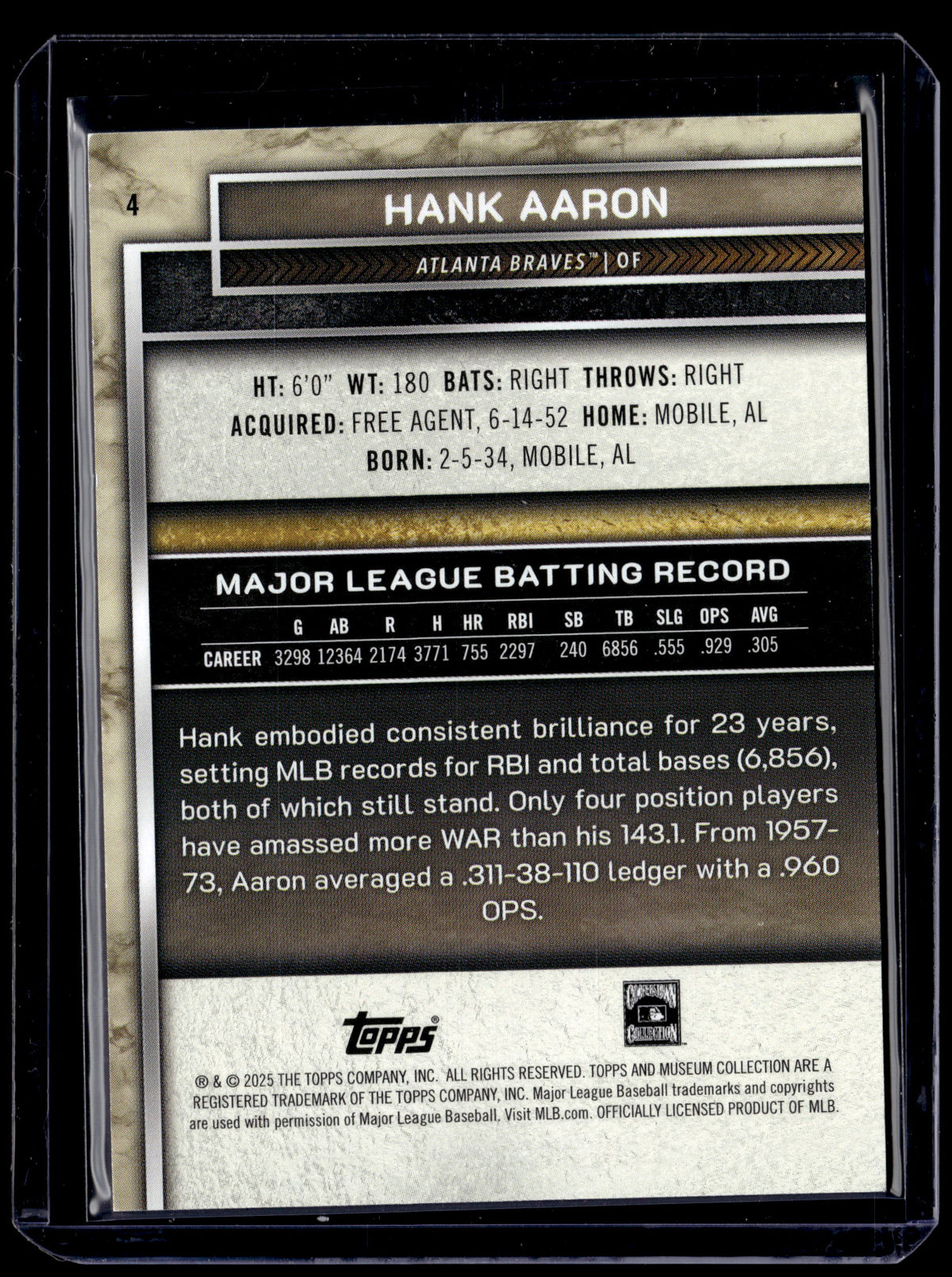 HL-P01 2025 Topps Museum Collection Hank Aaron #4 Purple /99