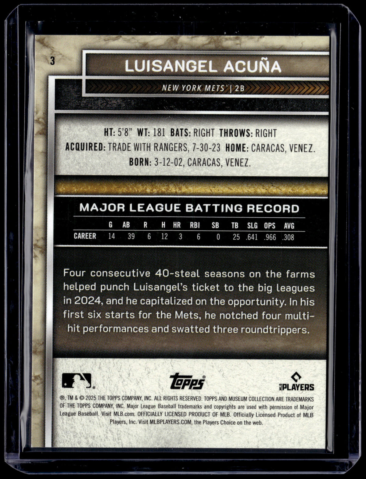 HL-P01 2025 Topps Museum Collection Luisangel Acuña #3 Gold /249 RC