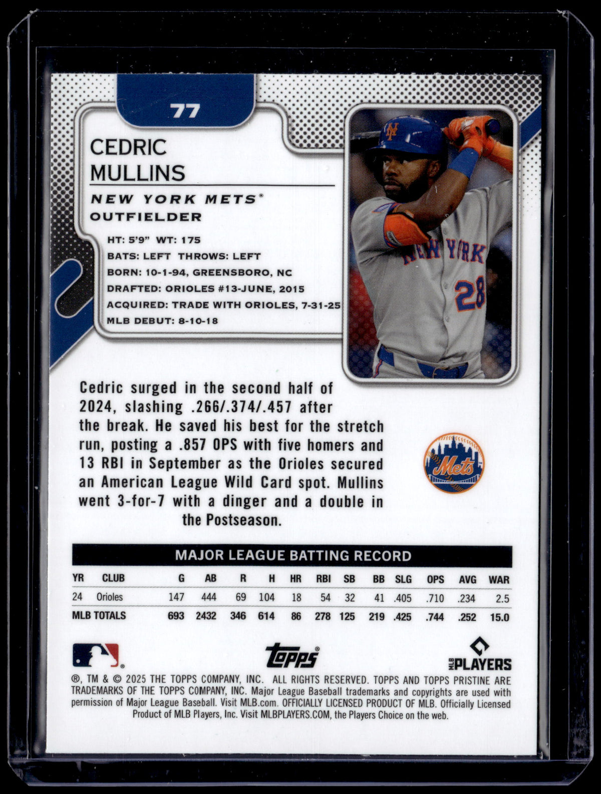 HL-P01 2025 Topps Pristine Cedric Mullins #77 Blue /75