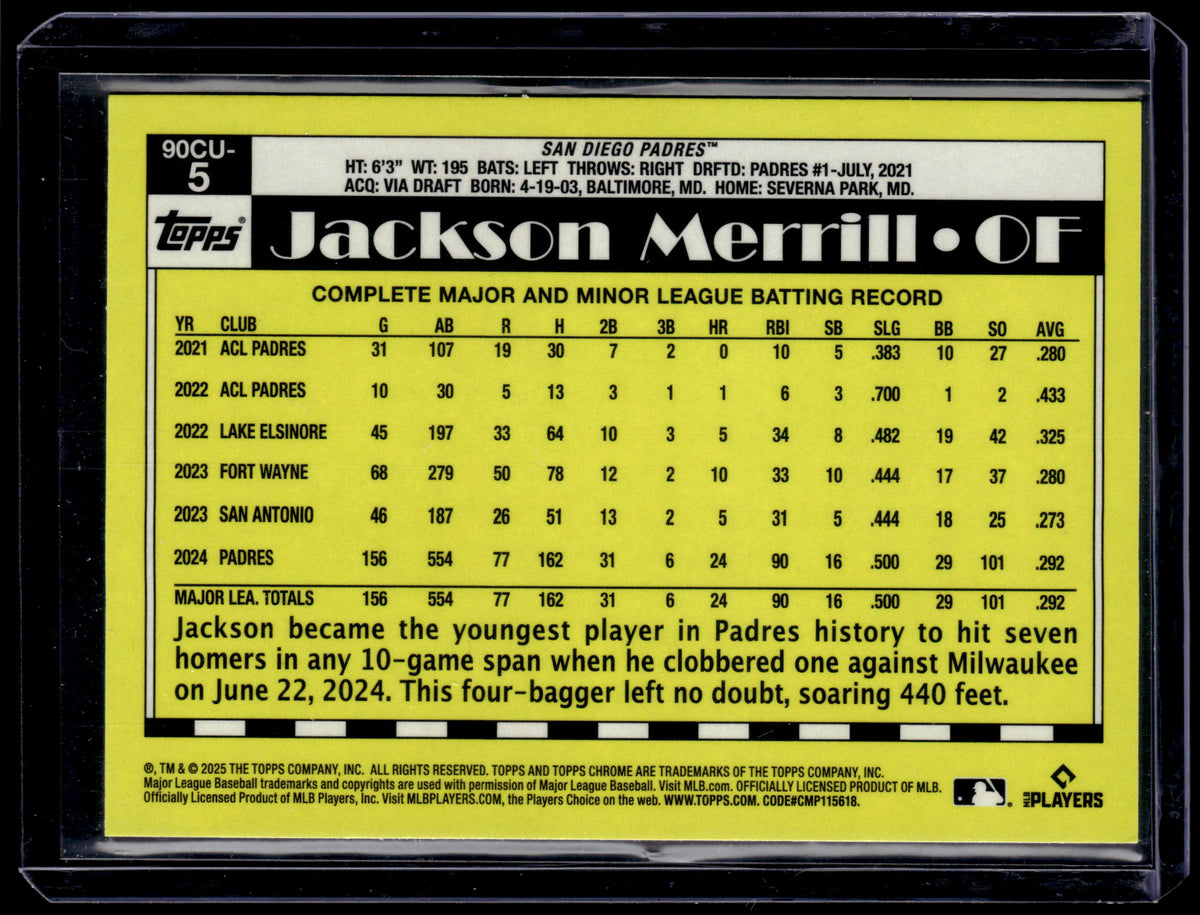 HL-P01 2025 Topps Chrome Jackson Merrill 35th Anniv Blue Mega Refractor #90CU-5