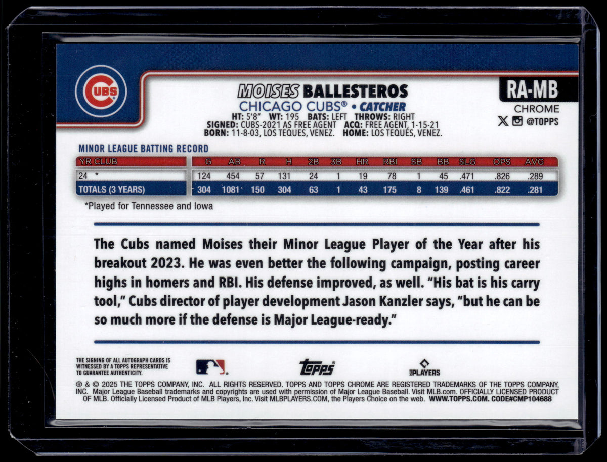 HL-P01 2025 Topps Chrome Moises Ballesteros #RA-MB Aqua Refractor /199 Auto RC
