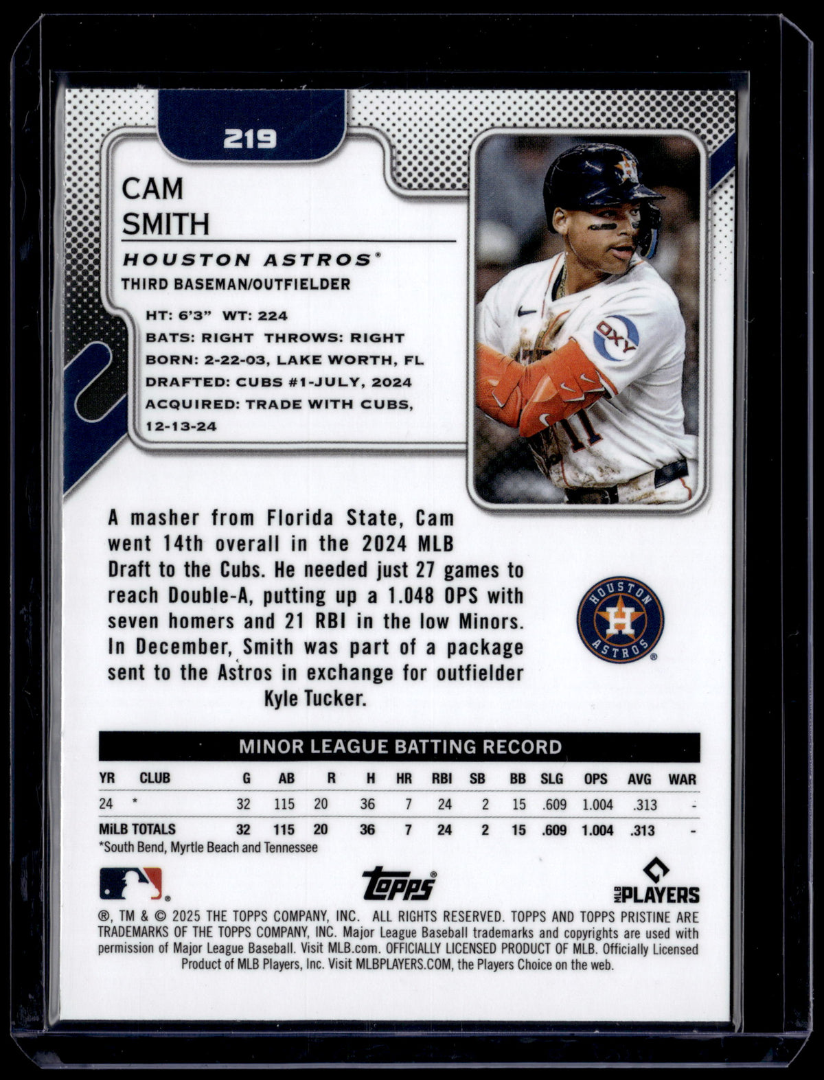 HL-P01 2025 Topps Pristine Cam Smith #219 RC Houston Astros