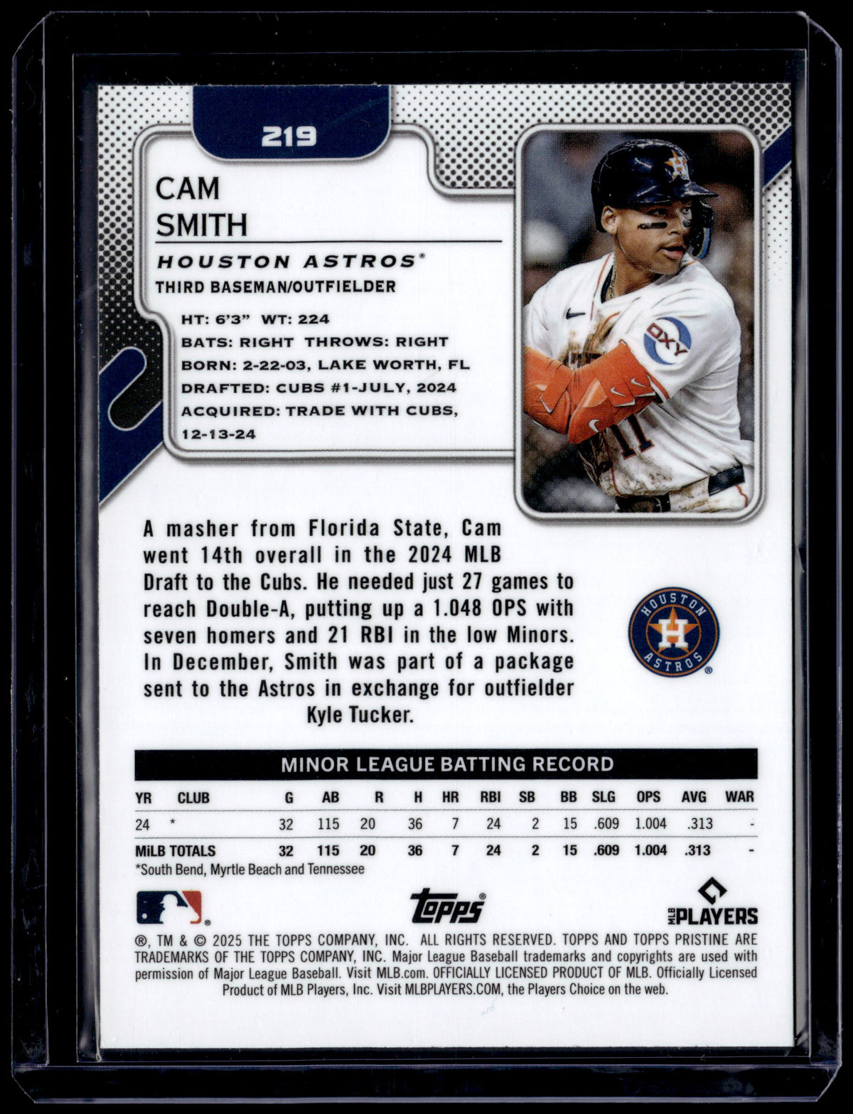 HL-P01 2025 Topps Pristine Cam Smith #219 RC Houston Astros