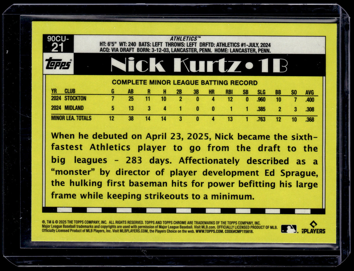 HL-P01 2025 Topps Chrome Nick Kurtz RC 1990 Topps Blue Mega Refractor 90CU-21 RC