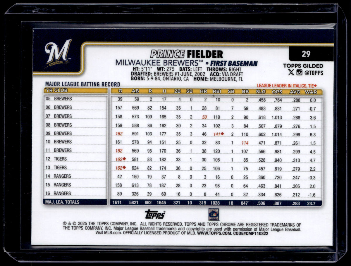 HL-P01 2025 Topps Chrome Gilded Prince Fielder #29 Black Gold Wave /75