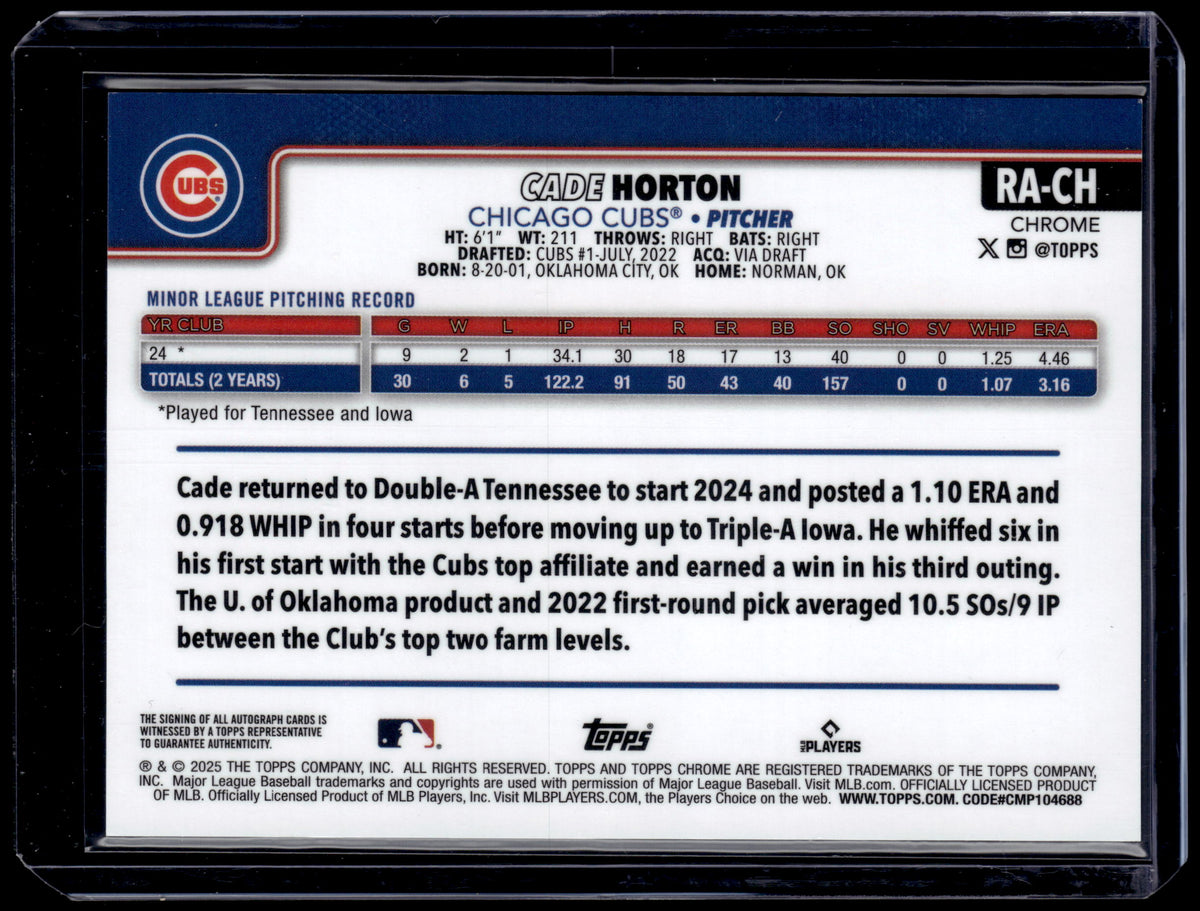 HL-P01 2025 Topps Chrome Cade Horton RC Auto Purple Speckle Refractor /299