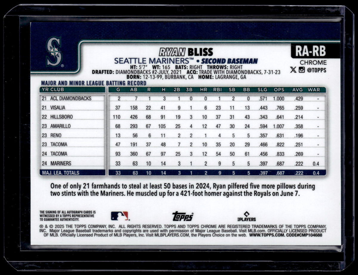 HL-P01 2025 Topps Chrome Ryan Bliss #RA-RB Green Bubbles /125 RC Auto