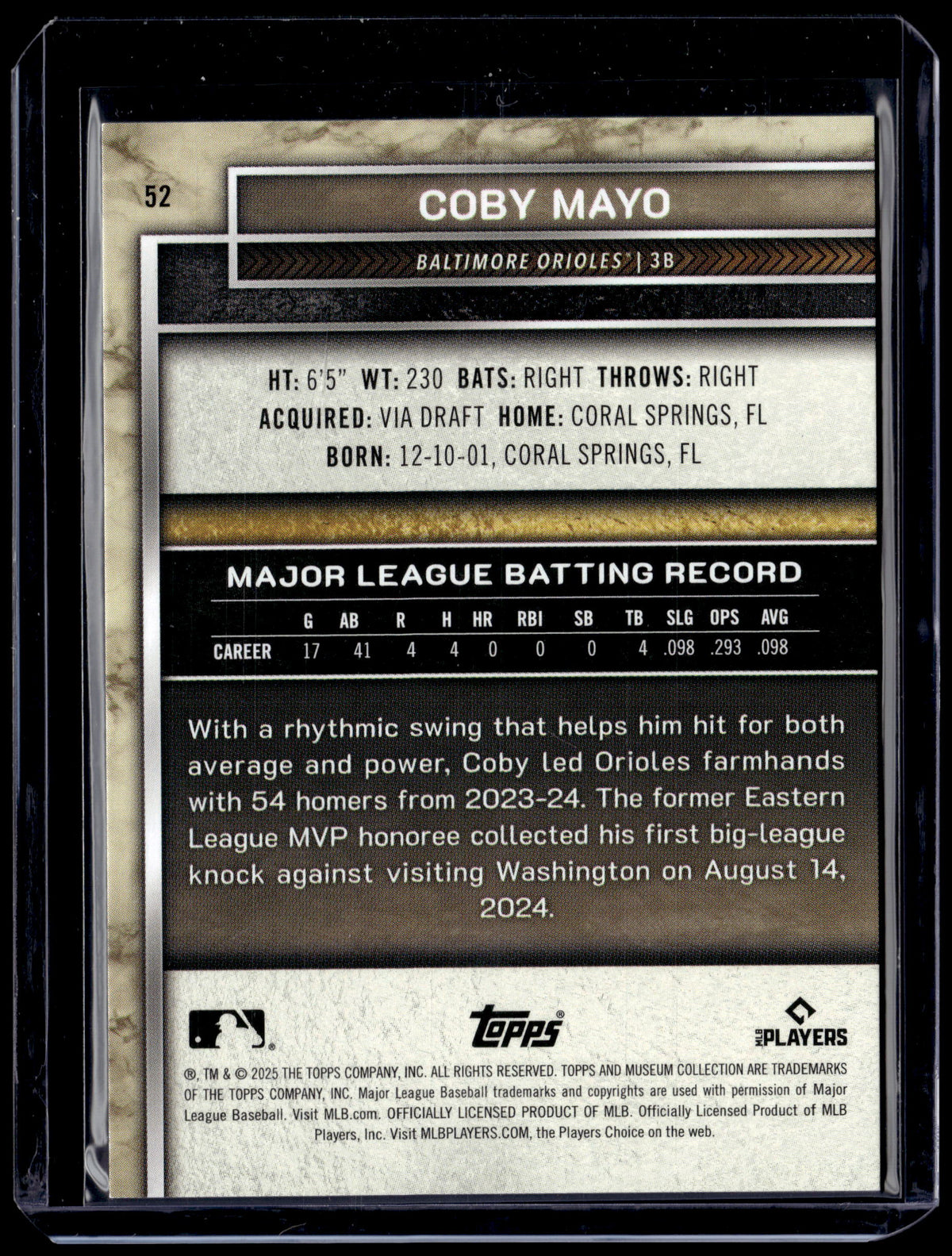 HL-P01 2025 Topps Museum Collection Coby Mayo #52 Gold /249 RC