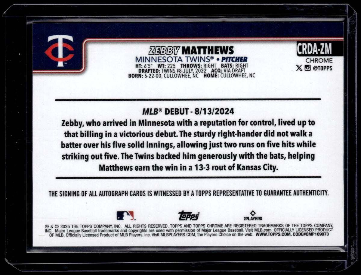 HL-P01 2025 Topps Chrome Update Zebby Matthews #CRDA-ZM Purple /250 RC