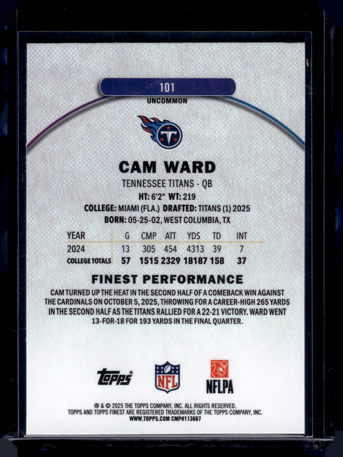 HL-INV 2025 Topps Finest Cam Ward #101 Uncommon Base RC