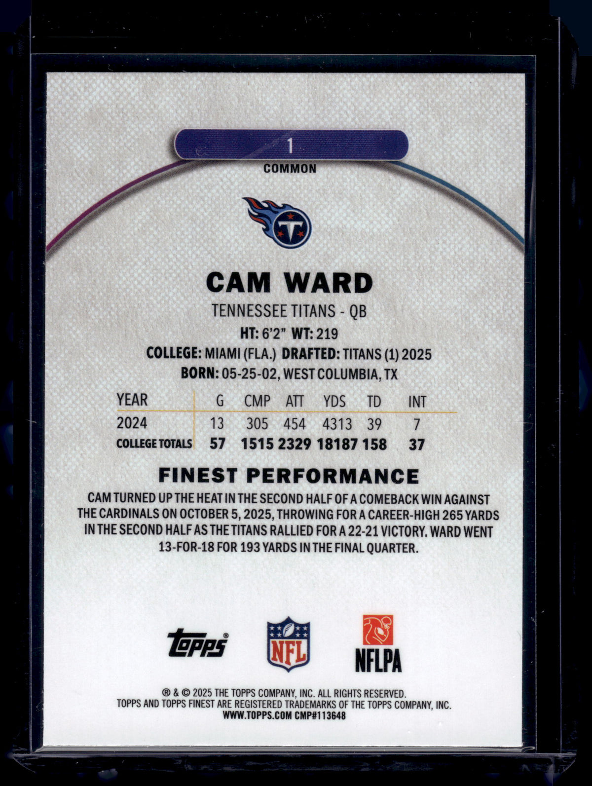 HL-INV 2025 Topps Finest Cam Ward #1 Common Base RC
