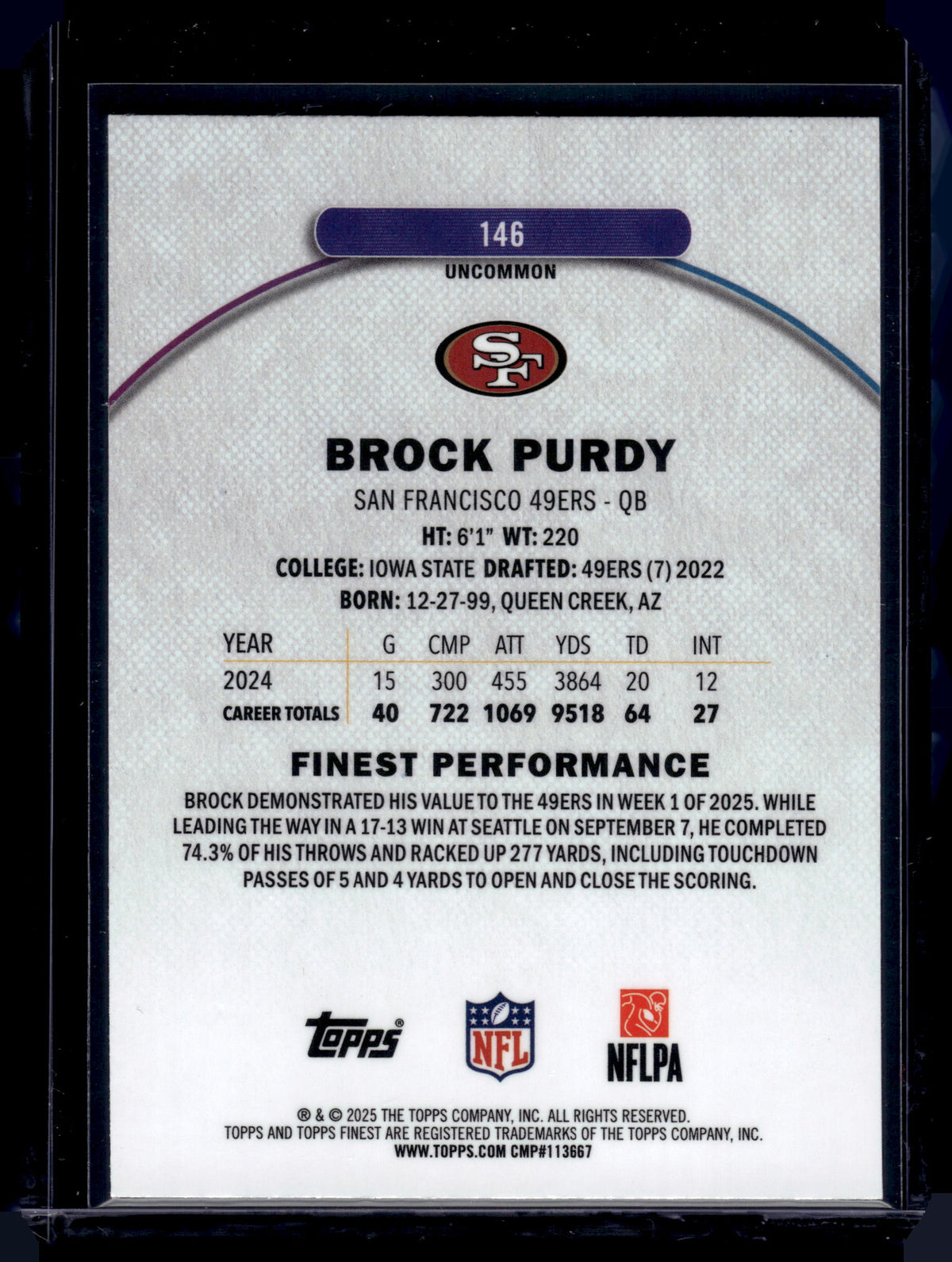 HL-INV 2025 Topps Finest Brock Purdy #146 Uncommon Blue Refractor /250