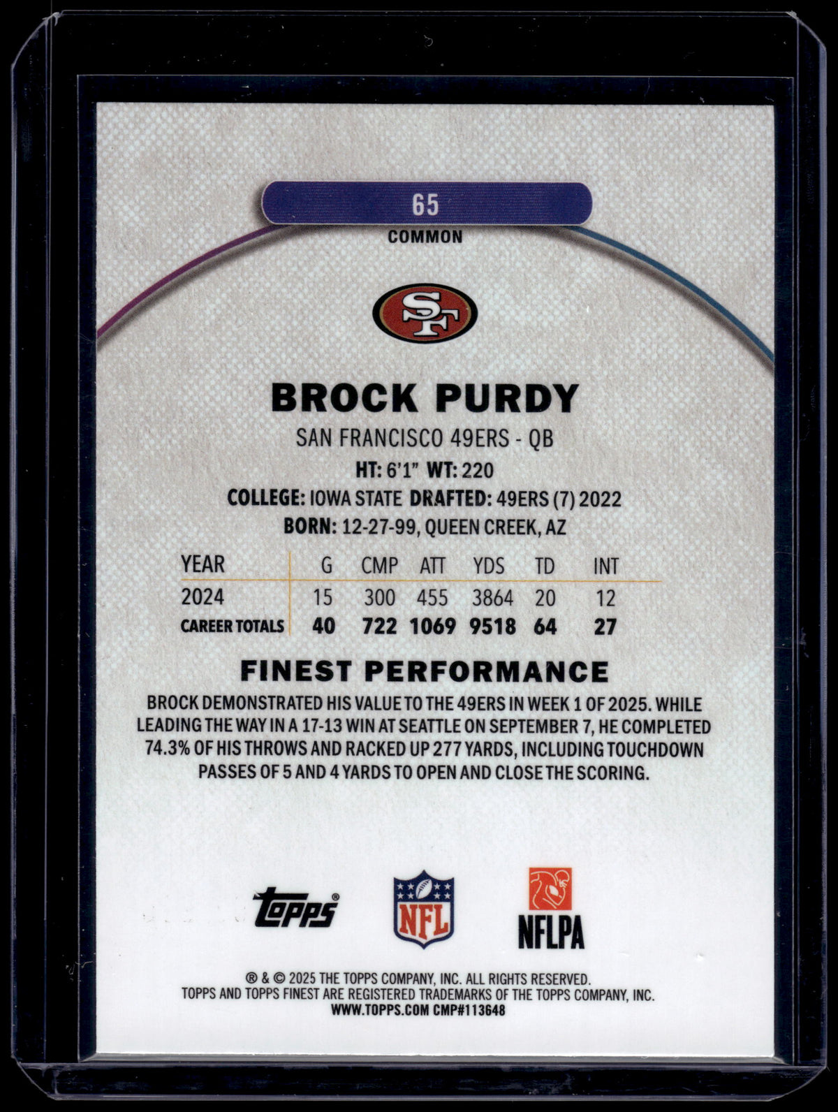 HL-INV 2025 Topps Finest Brock Purdy #65 Common Blue Refractor /200
